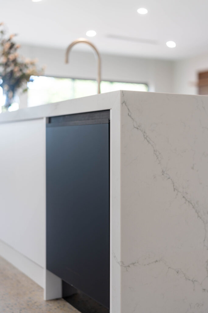 Kitchen island- Waterfall end zenith like Marbella benchtop with black dishwasher
