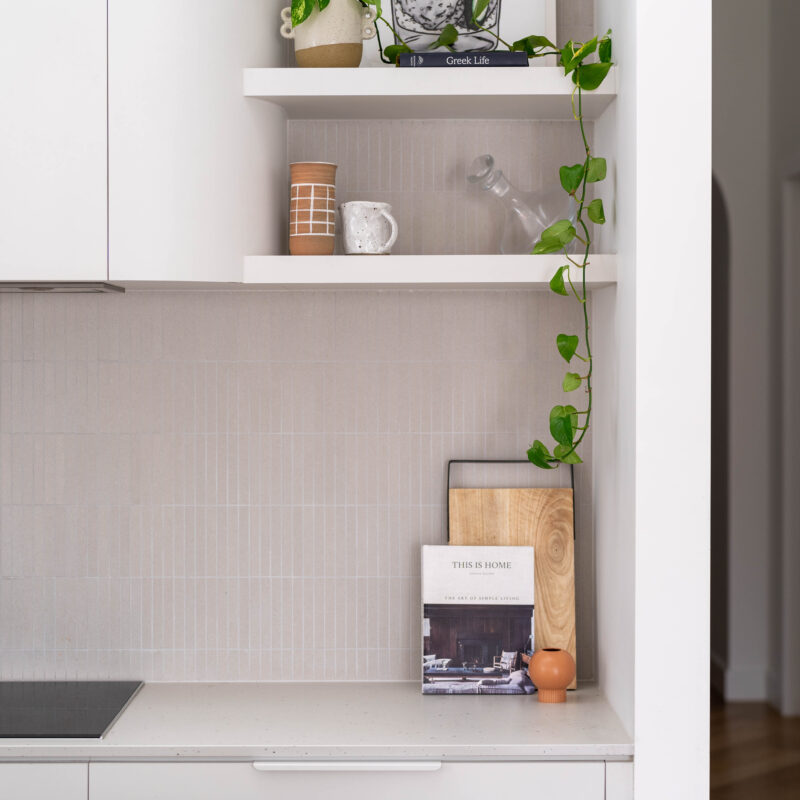 Kitchen shelving in white grey with slim line Zenith Terazio like benchtop