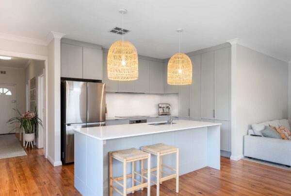 Pearl grey. l shaped kitchen with generous island.