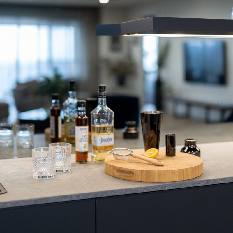 Entertainers Bar with concrete look benchtop space for preparation.
