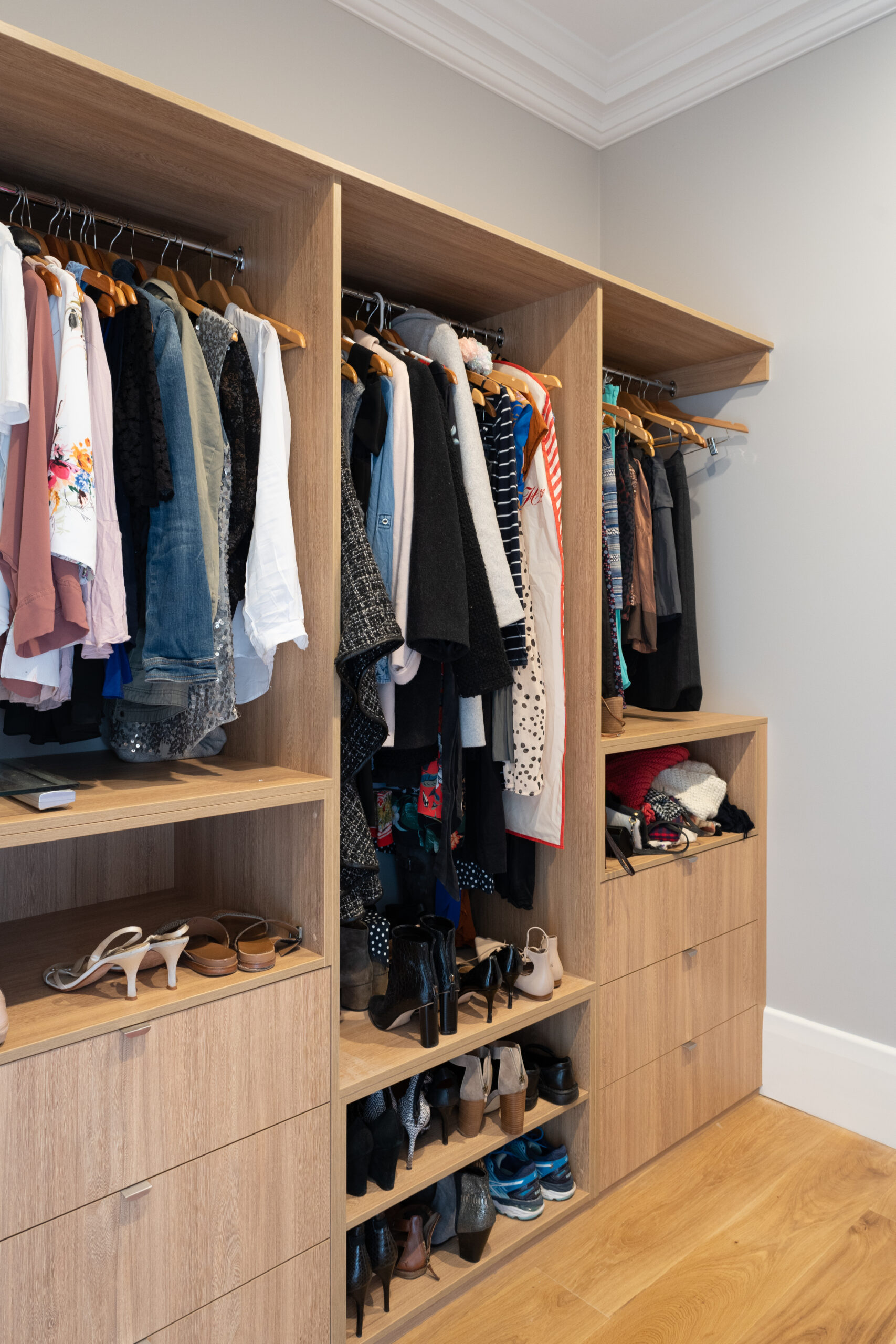 Walk in Robe. Timber framed. Hanging space, draw units and shelving.